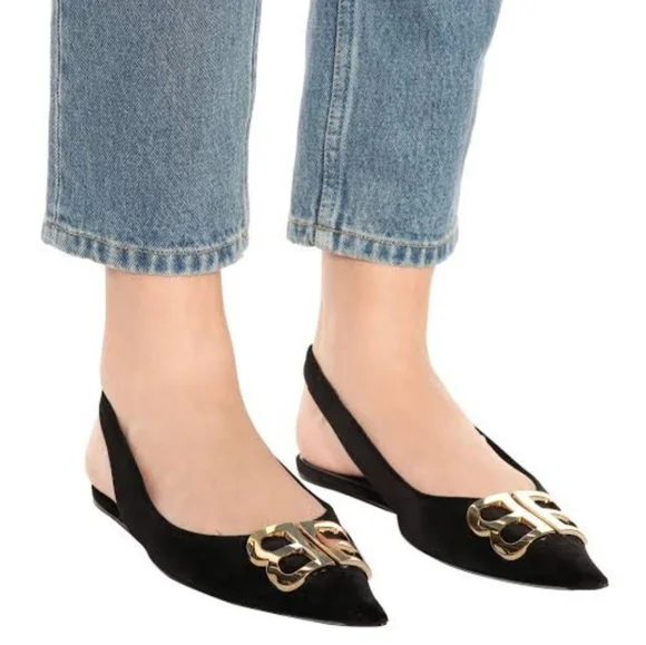 Balenciaga BB Velvet Slingback Pointy Toe Black Flats - Picture 2 of 10